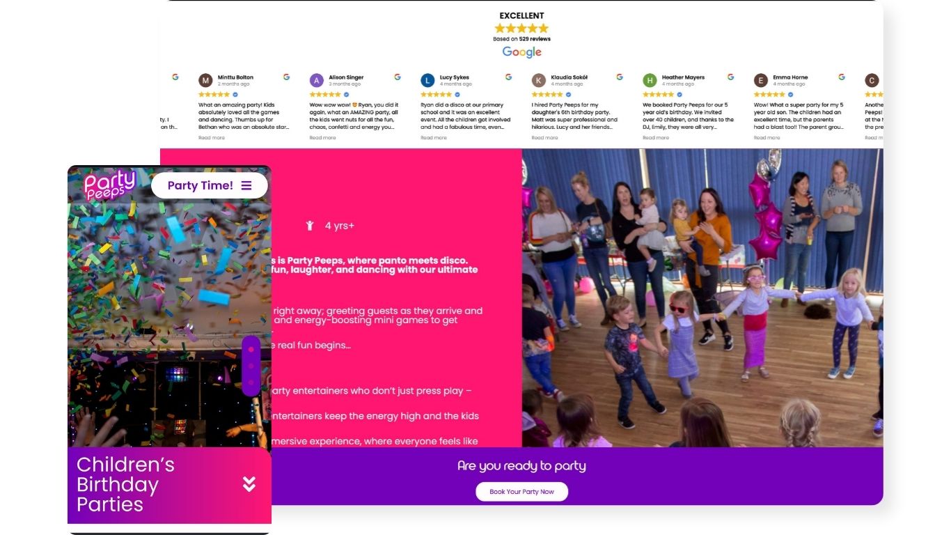 website design for Southwest highest rated children's entertainment - Party Peeps